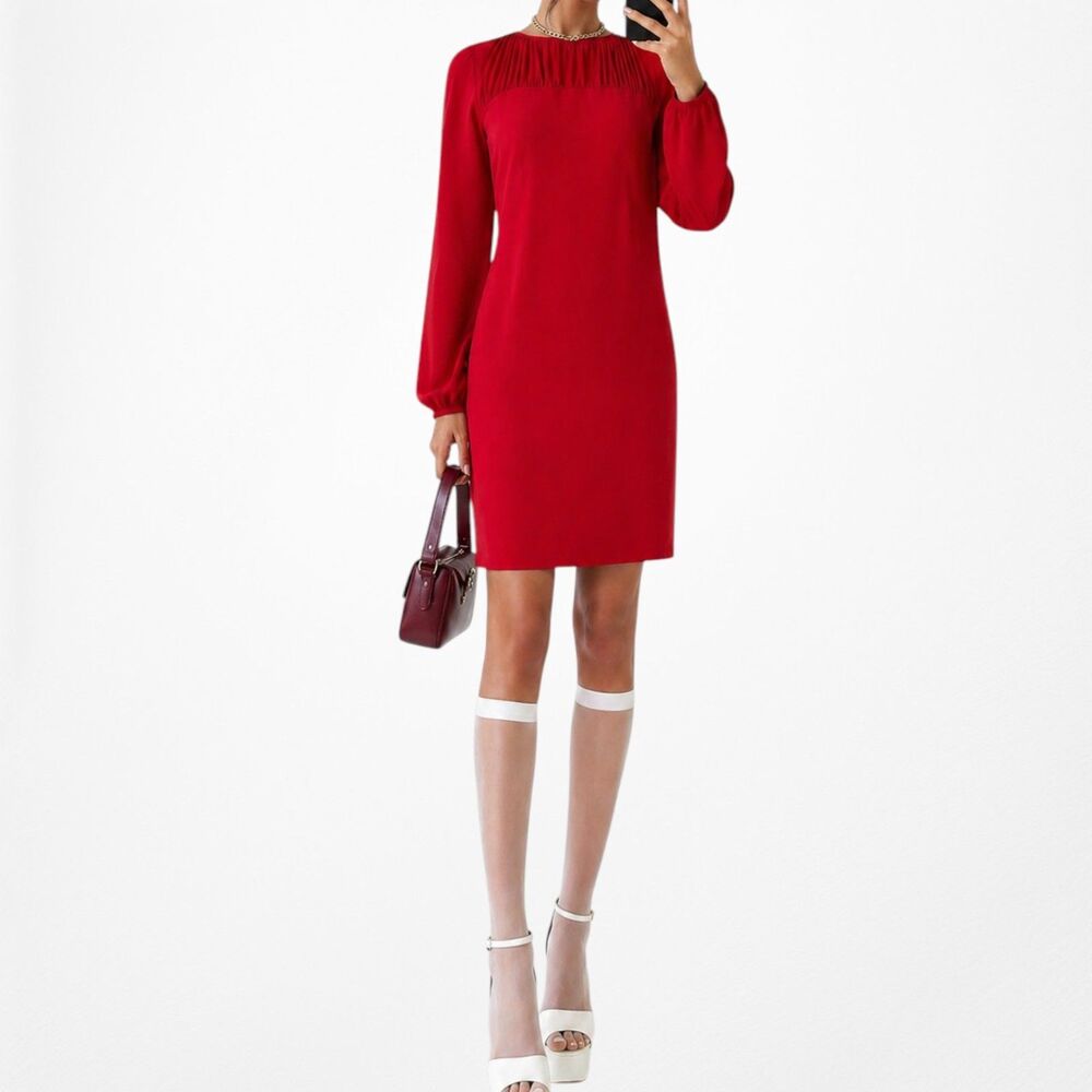 Vintage Y2K 90s Red Long Puffy Sleeve Pleated Knee Length Shift Dress Size M